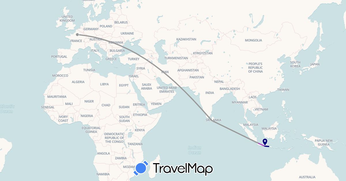 TravelMap itinerary: driving, bus, plane, train in France, Indonesia, Sri Lanka (Asia, Europe)